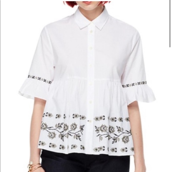 kate spade Tops - Kate Spade Broome Street 100% Cotton Embroidered Ruffle Peplum Button Up